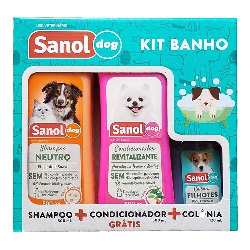 Kit Banho Sanol Dog 1 Shampoo 500ml  + 1 Condicionador 500ml + 1 Colônia 120ml Grátis